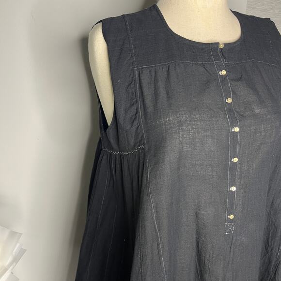 Injiri Tunic 42 US XL Black Cotton Sleeveless Button Henley Trapeze Boho India - Picture 4 of 11